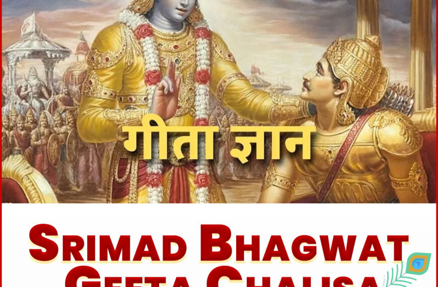 A vibrant illustration depicts two figures in traditional attire on a battlefield with chariots and warriors in the background. The figure on the left, adorned with a peacock feather crown and garlands, gestures toward the figure on the right, who wears a golden crown and armor. Hindi text in yellow reads "गीता ज्ञान" (Gita Gyan) at the top, and in red at the bottom, it says "श्रीमद् भगवद्गीता चालीसा" (Shrimad Bhagavad Gita Chalisa). The image includes logos for Hindi Vichar and Bharat Vision Media, along with social media icons.
