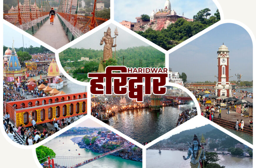 A collage of images showcasing various landmarks and scenes in Haridwar, India, including the Ganga river, temples, bridges, statues of deities (like Shiva), and crowds of people, with the text "HARIDWAR हरिद्वार" prominently displayed in the center.