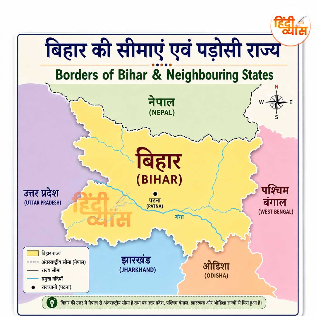 Bihar map showing state boundaries with Nepal, Uttar Pradesh, West Bengal, Jharkhand and Odisha borders.