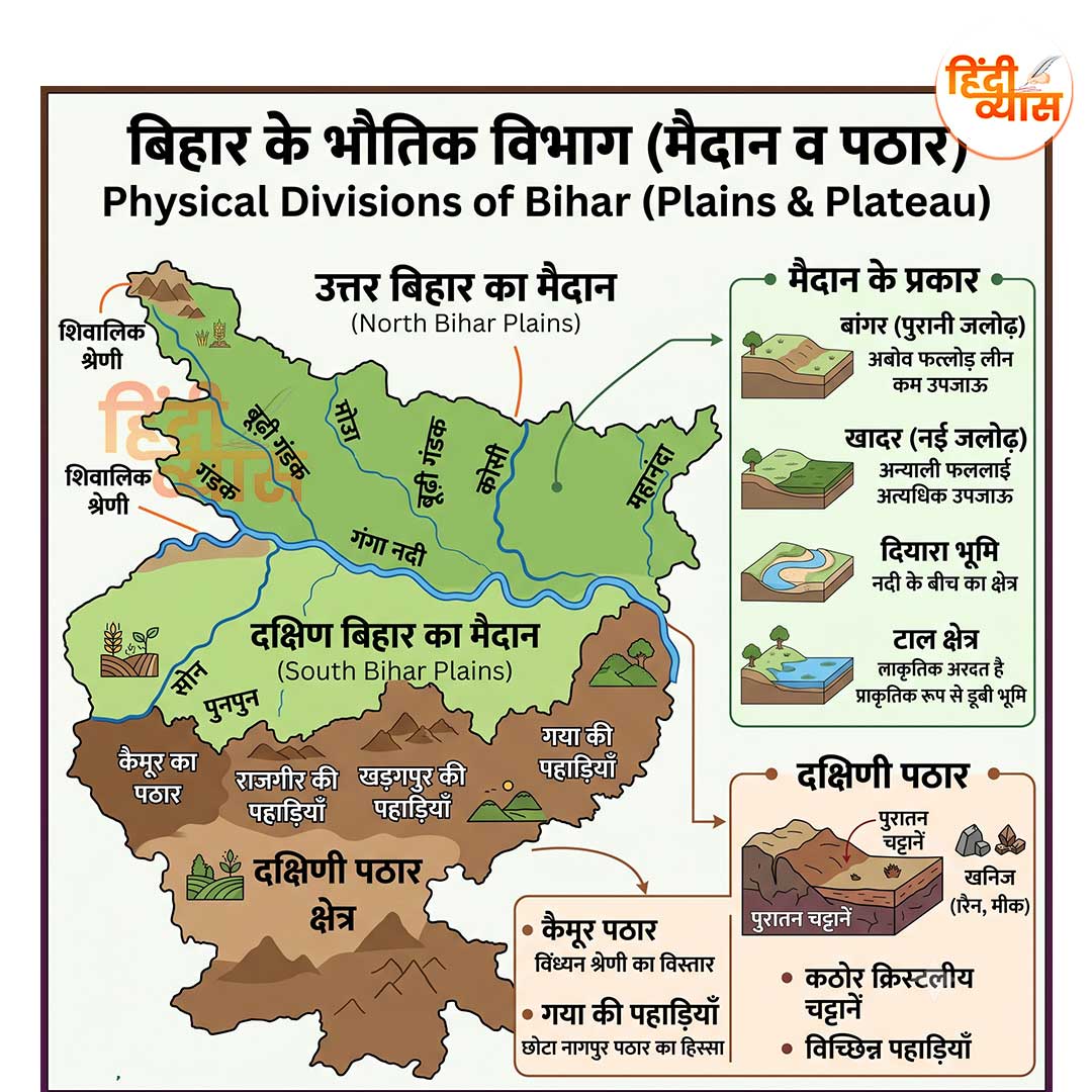 Map illustration showing the physical divisions of Bihar, highlighting the North Bihar Plains, South Bihar Plains, and Southern Plateau regions with key rivers and landform types.